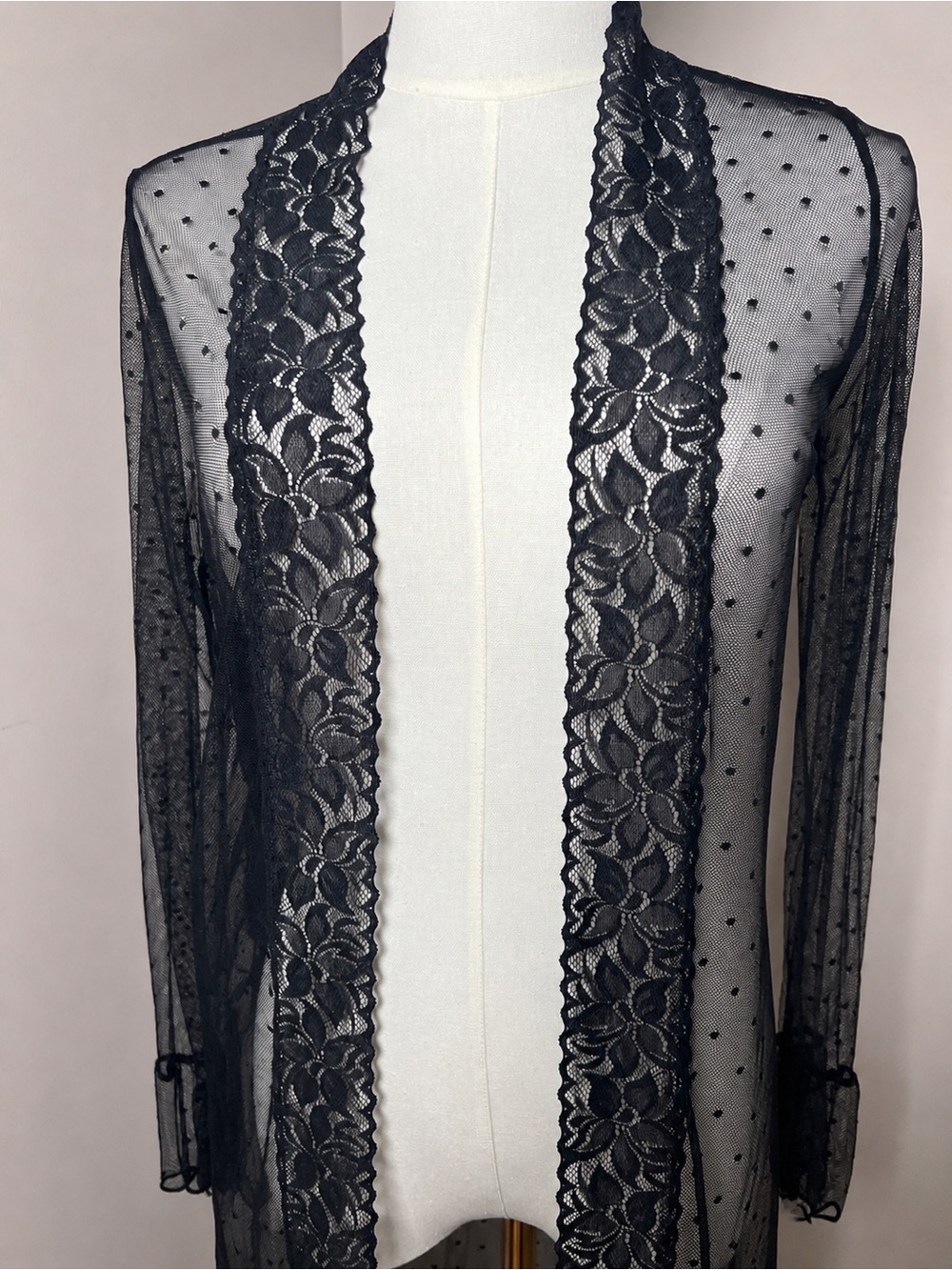 Elegant Moments NWT Sheer Mesh Polka Dot Lace Robe & G-String Set Black S Sexy